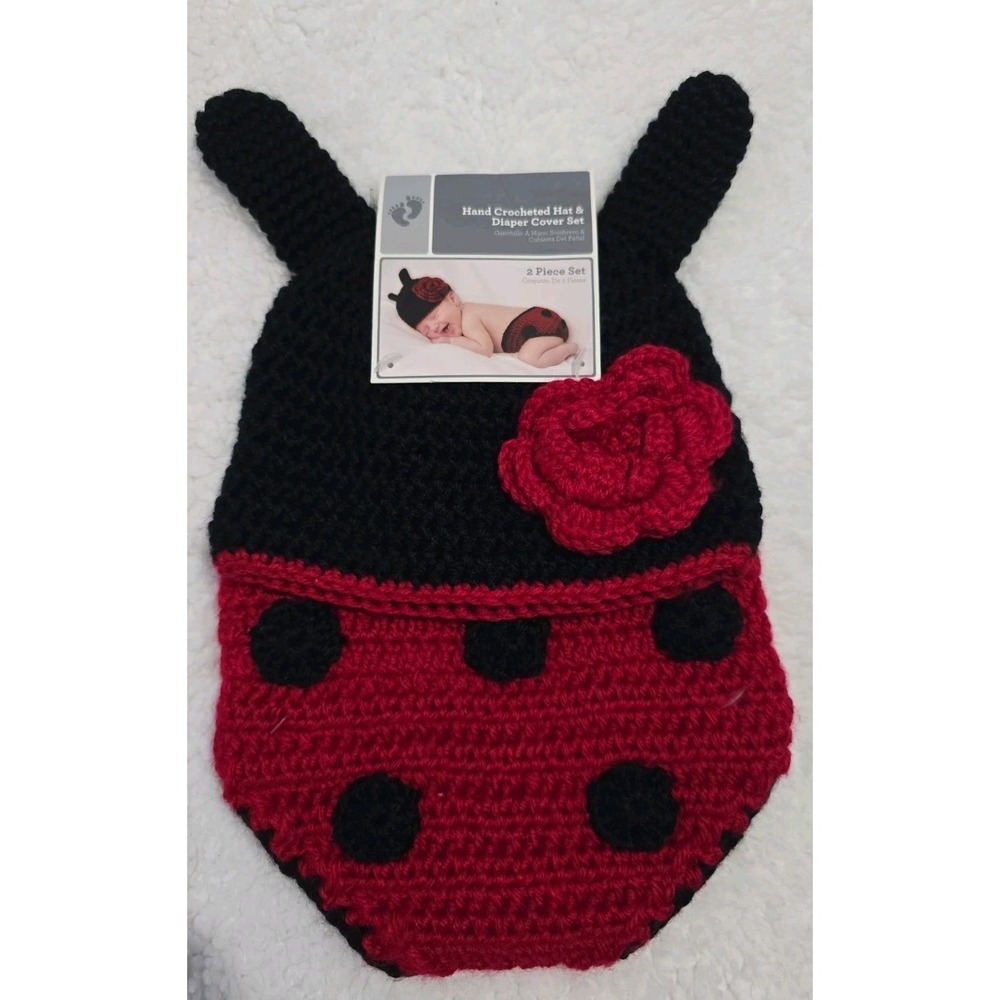 Baby Girls 2 PC HAT & DIAPER COVER SET Crocheted LADYBUG FLOWER Photography Prop